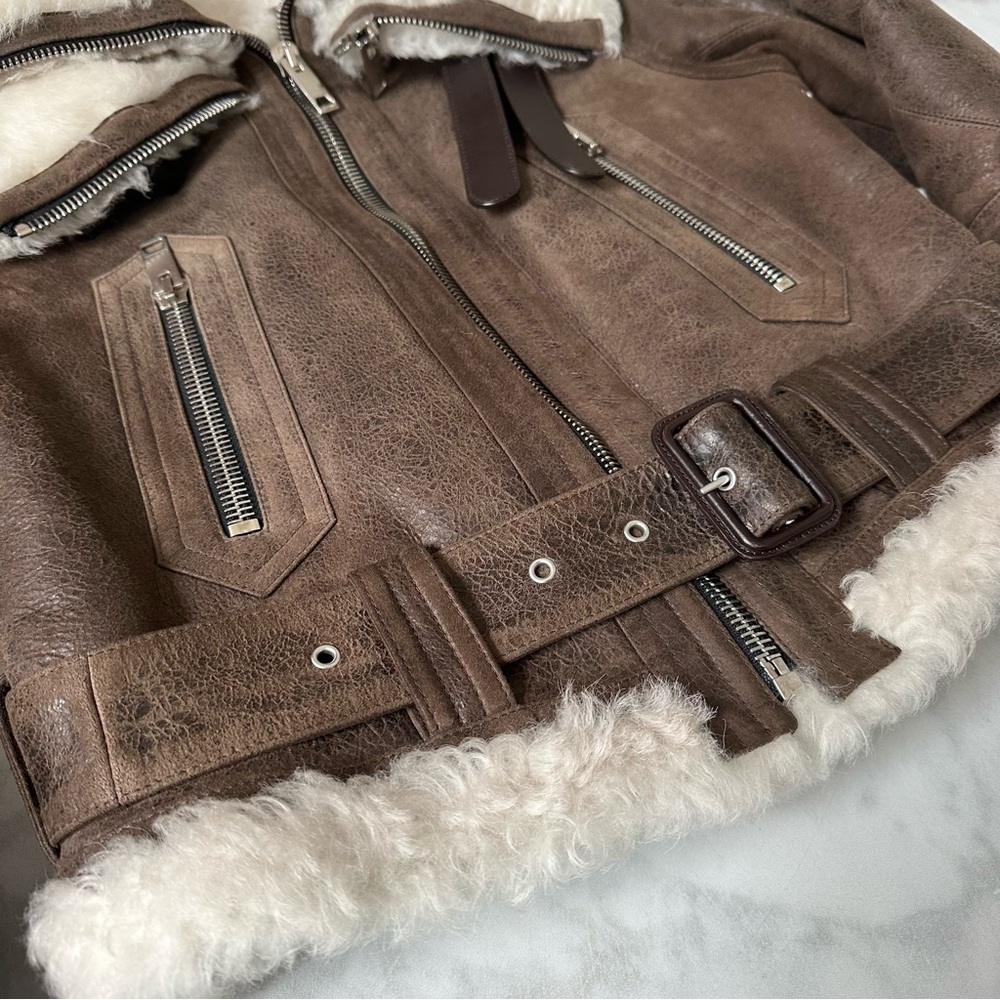 Brown Shearling-Lined Aviator Jacket with Cream Collar - Picture 3 of 13